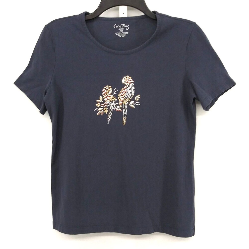 Coral Bay Shirt Womens Size PM Dark Blue Beaded Parrots Short Sleeve Casual Top